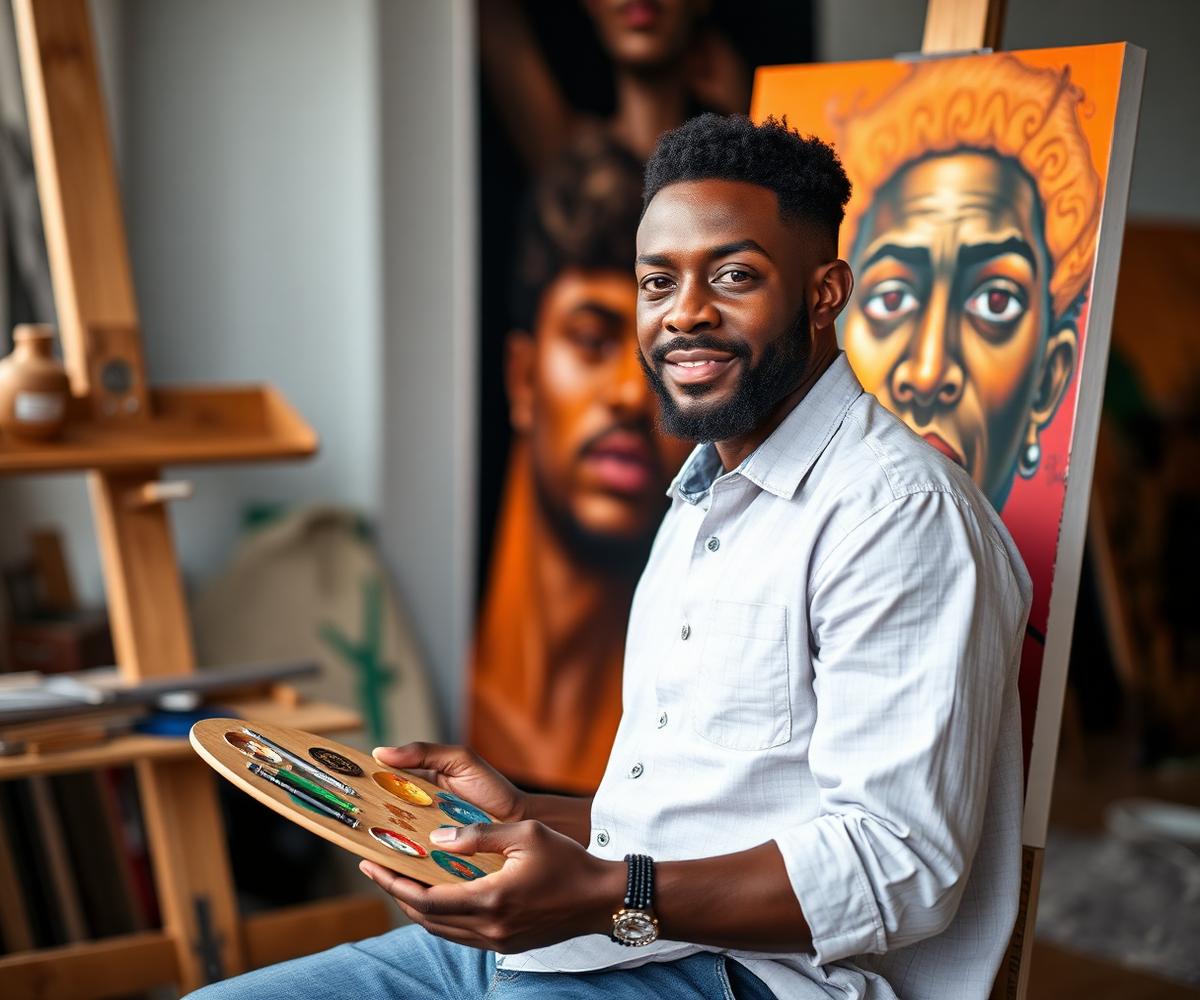 African artist in his studio with a master canvas